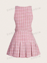 Plaid Print Button Front Tank Top & Pleated Skirt